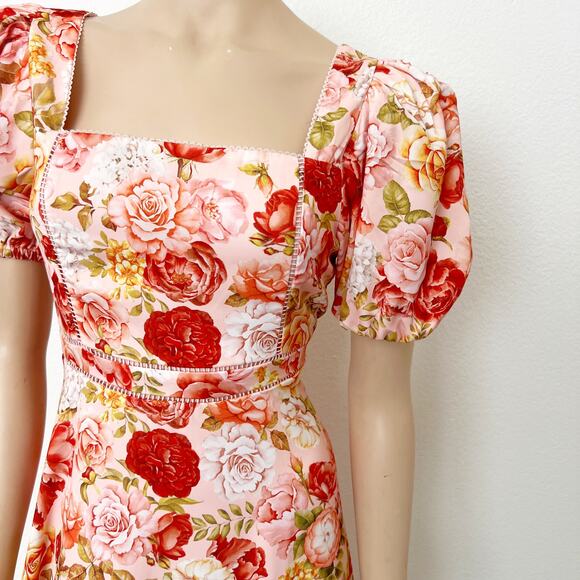 [Rachel Parcell] Pink Rose Floral Puff Sleeve Lace Trim Spring Midi Dress NWT 8 - Picture 7 of 12